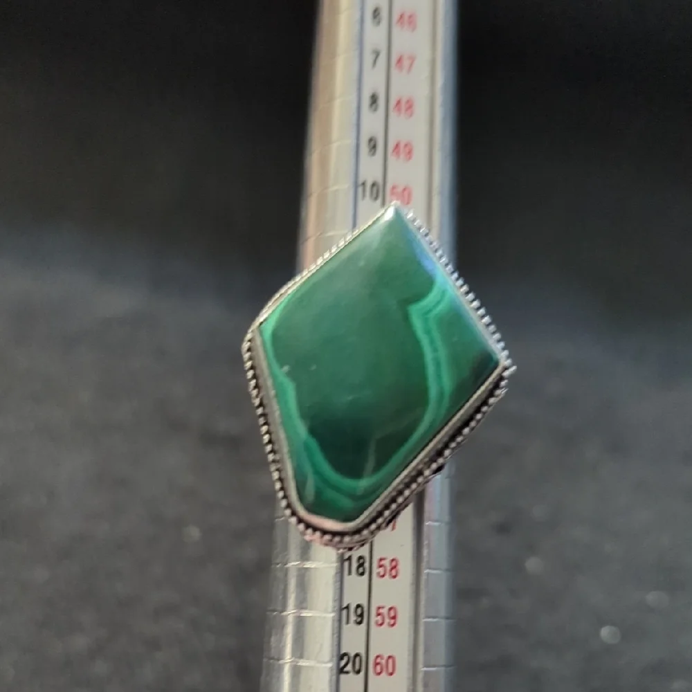 Silver Plated Green Malachite Gemstone Chunky Statement Ring - Size 7-8
